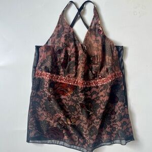 NWT BISOU BISOU DARK FEMININE SHEER EMBROIDERED TOP